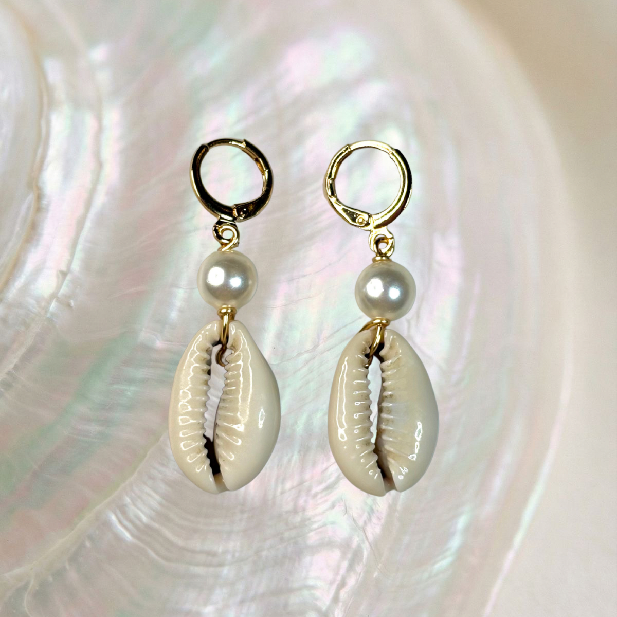 pearl & cowrie huggie earrings