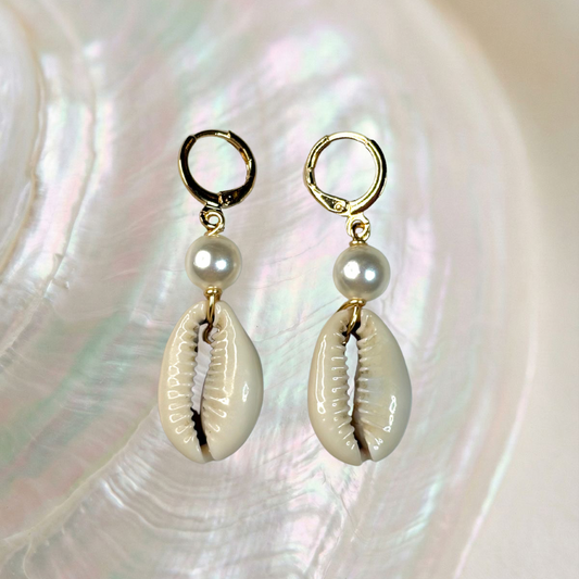 pearl & cowrie huggie earrings